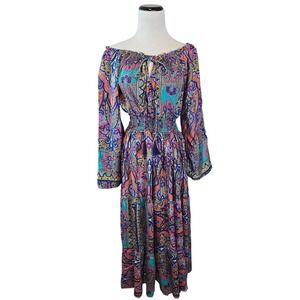 White Waves Silk Blend Paisley Maxi‎ Dress Boho Off Shoulder Smocked Waist Small